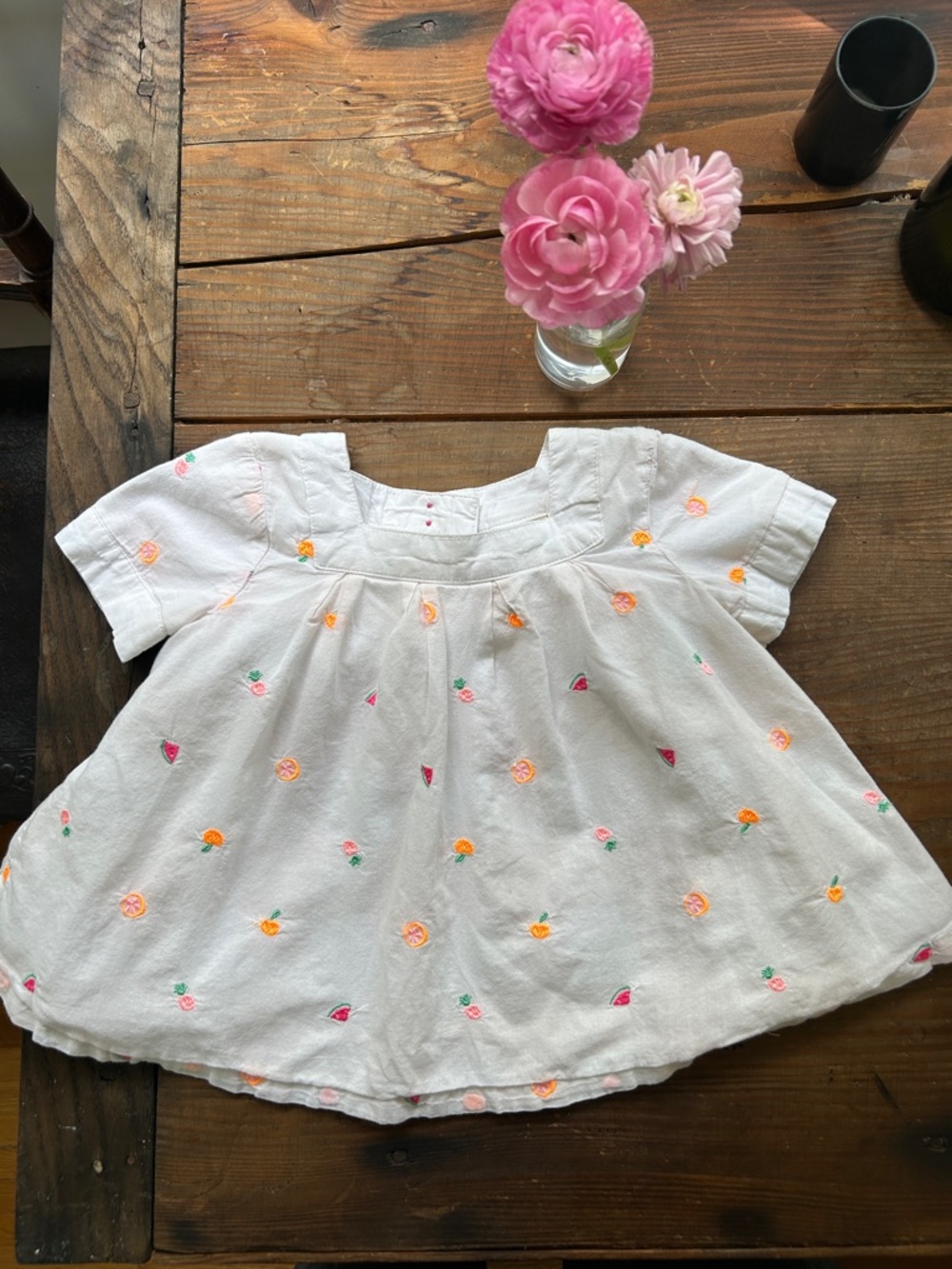 Shrinking Violet White Toddler Blouse with Pink, Orange & Green Embroidery